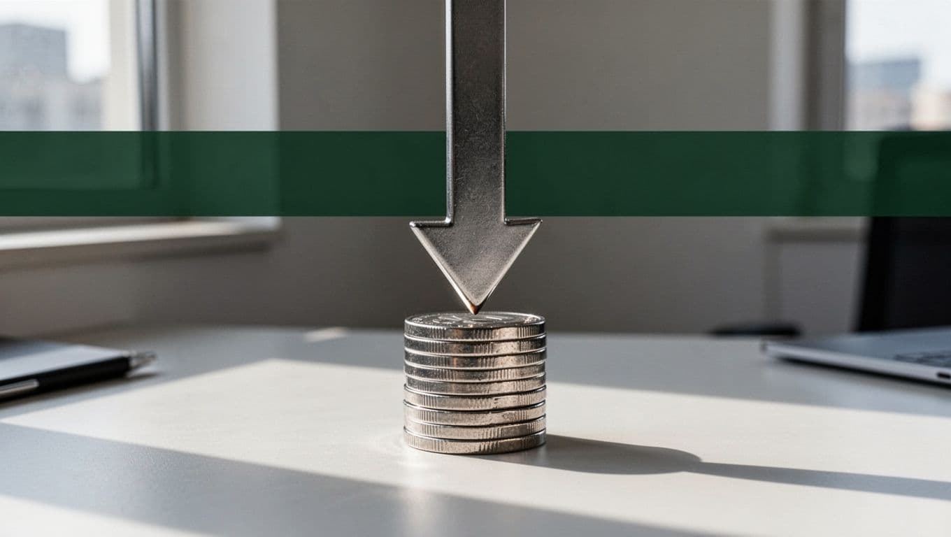 Downward arrow pierces stack of coins labeled with fee percentages on minimalist office desk, under 'Reduce Fees' headline on dark-green band.
