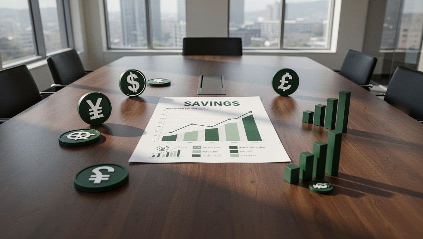 Boardroom table with currency icons and savings charts around central graph under 'Reduce Fees' headline.