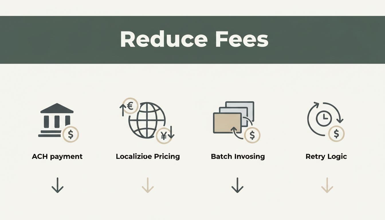 Bold editorial design with 'Reduce Fees' headline on a dark-green band, featuring icons of ACH payments, localized pricing, batch invoicing, and retry logic in a row with downward cost savings arrows on a light background.