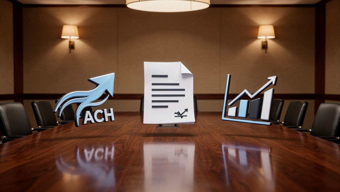 Icons of ACH switch, invoice optimization, and analytics dashboard arranged triangularly on a sleek conference table under a dark-green 'Reduce Fees' banner.