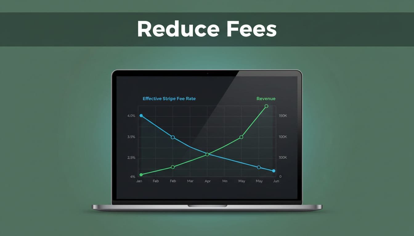 A modern SaaS analytics dashboard on a laptop screen displays a simple line chart showing Stripe fee rates dropping from 4% to 2.5% over months, with an upward revenue trend, under a bold 'Reduce Fees' headline.