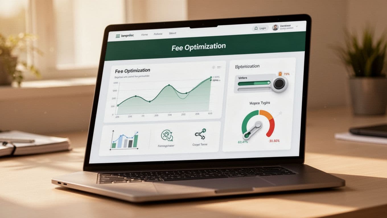 Illustration of a SaaS dashboard on a laptop screen highlighting optimization levers like ACH migration and local cards to lower fees, in a bright workspace with warm natural light and tight composition.