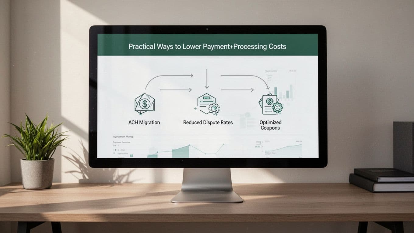 Modern infographic on a desktop monitor displaying strategies to reduce Stripe fees for SaaS, including ACH migration, lower disputes, and optimized coupons, with icons and arrows in a clean UI dashboard. Contemporary home office setting centered on one monitor with natural lighting and bold 'Reduce Fees' headline.