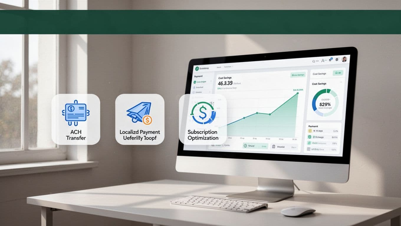 Modern workspace with icons for ACH promotion, localized payments, subscription optimization, savings dashboard, and Reduce Stripe Fees headline.