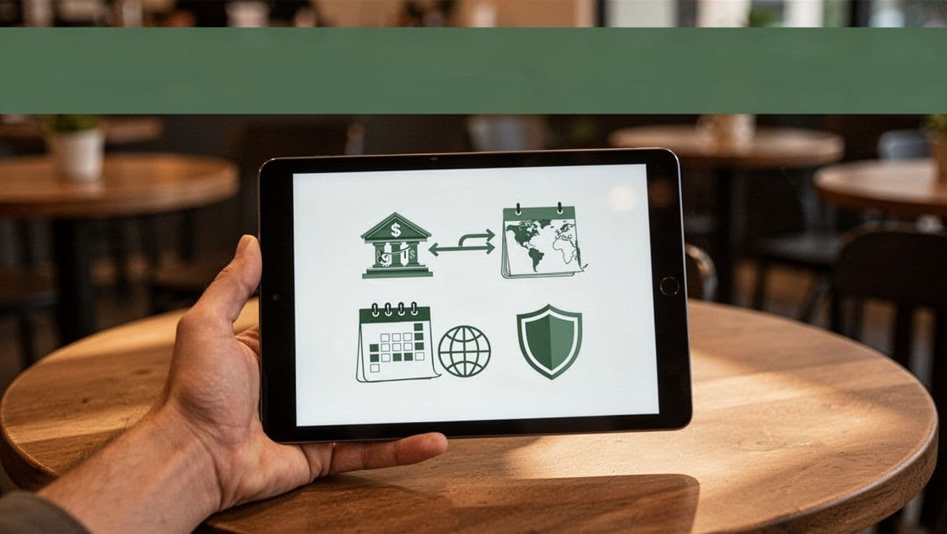 Hand holds tablet in cafe showing ACH, calendar, globe, and shield icons under 'Reduce Fees' headline on dark-green band.