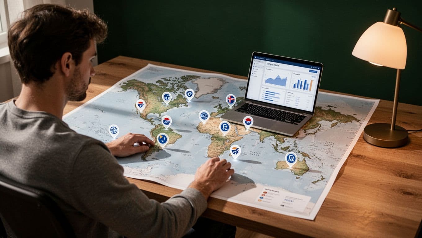 A person at a desk reviews a world map with international payment icons, laptop open to a fee optimization dashboard, under warm lighting in bold editorial style with 'Reduce Fees' headline.