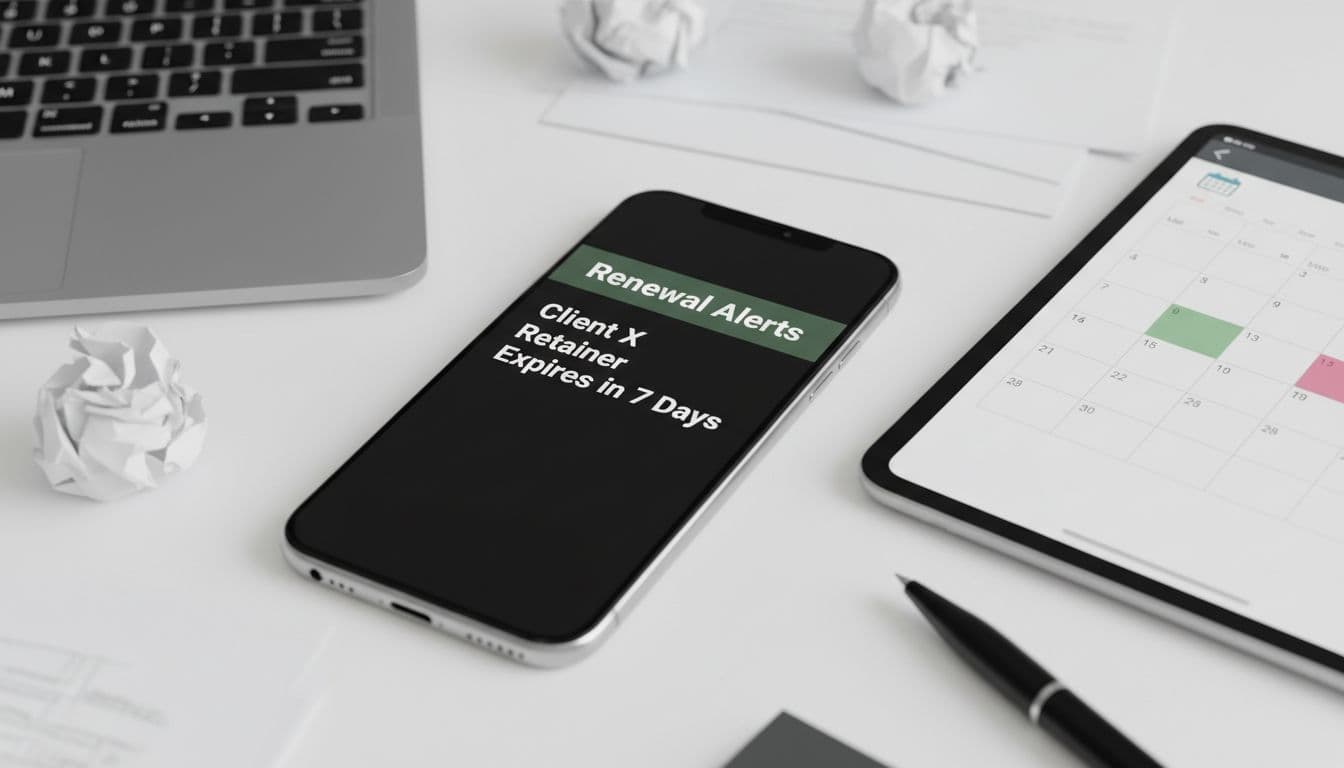 Smartphone screen shows retainer expiry push notification and Renewal Alerts header band, calendar app open nearby on workspace with papers and keyboard.