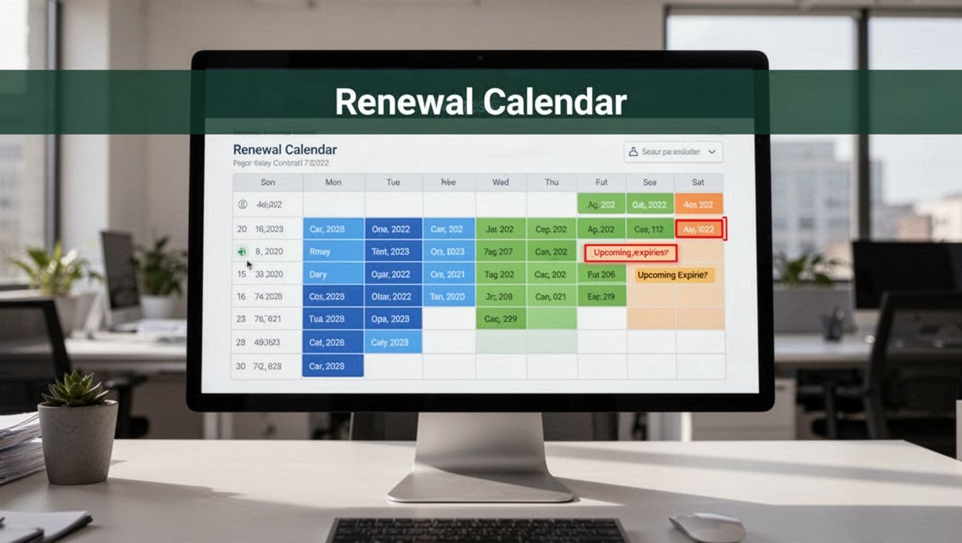 Close-up of a computer screen in a contemporary workspace displaying an agency renewal calendar dashboard with color-coded contract dates and highlighted upcoming expiries, topped by a bold 'Renewal Alerts' headline in a muted dark-green band, using a blues-greens-neutral palette.