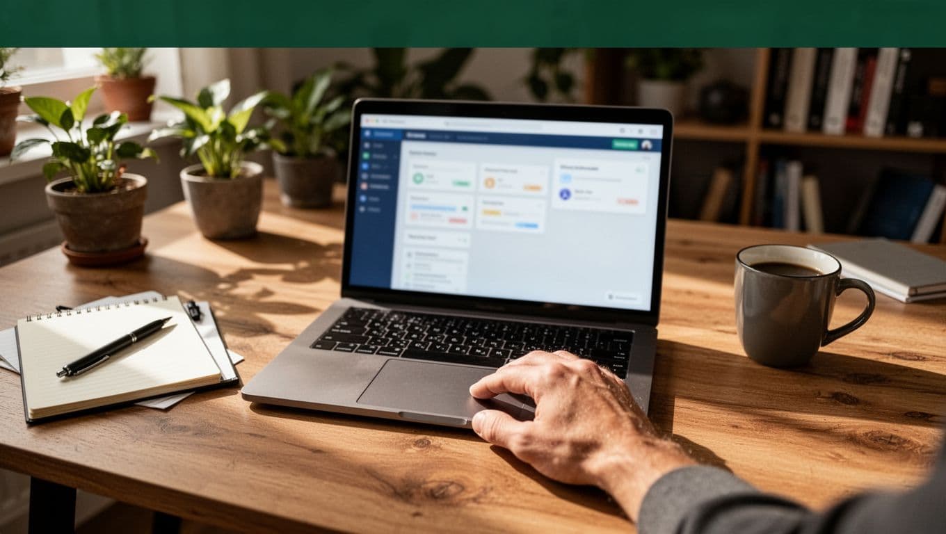 Open laptop on wooden desk shows blurred dashboard with dark-green 'Renewal Tracking' header, relaxed hand nearby, notebook pen coffee mug scattered in cozy home office.