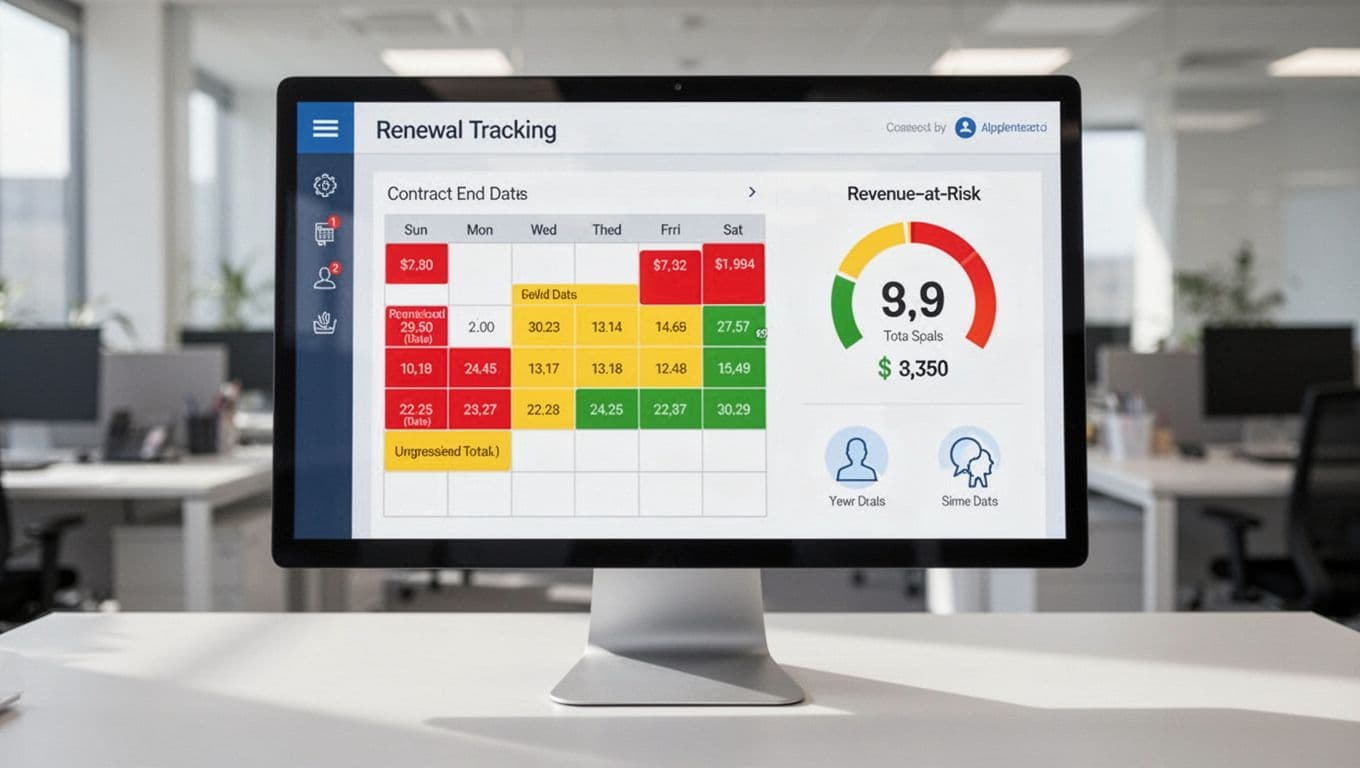Computer screen displays clean renewal dashboard with color-coded contract calendar, revenue-at-risk total, and 'Track Every Renewal' green header band; blurred office desk foreground.