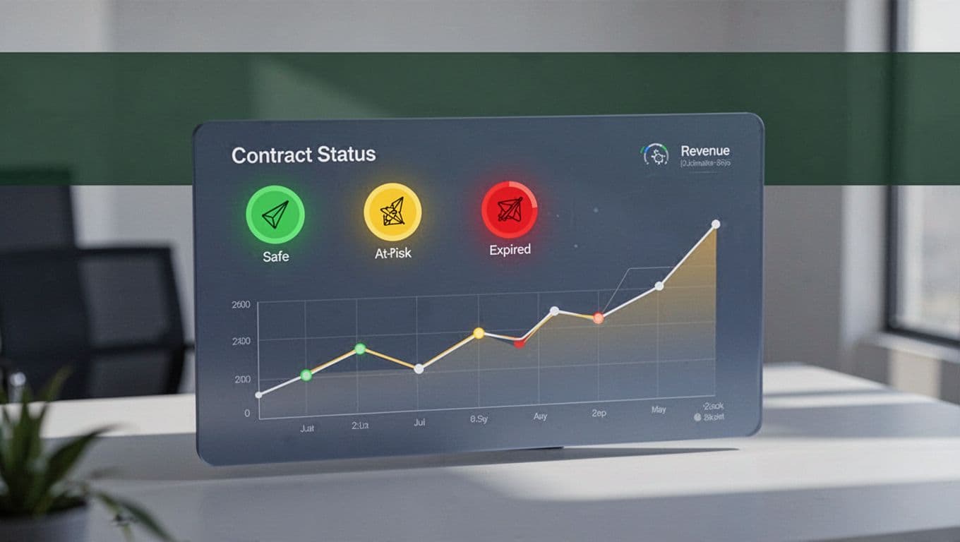 Isometric blurred dashboard with green-yellow-red contract statuses, dipping revenue graph, subtle office background, and top dark-green 'Track Renewals' banner.