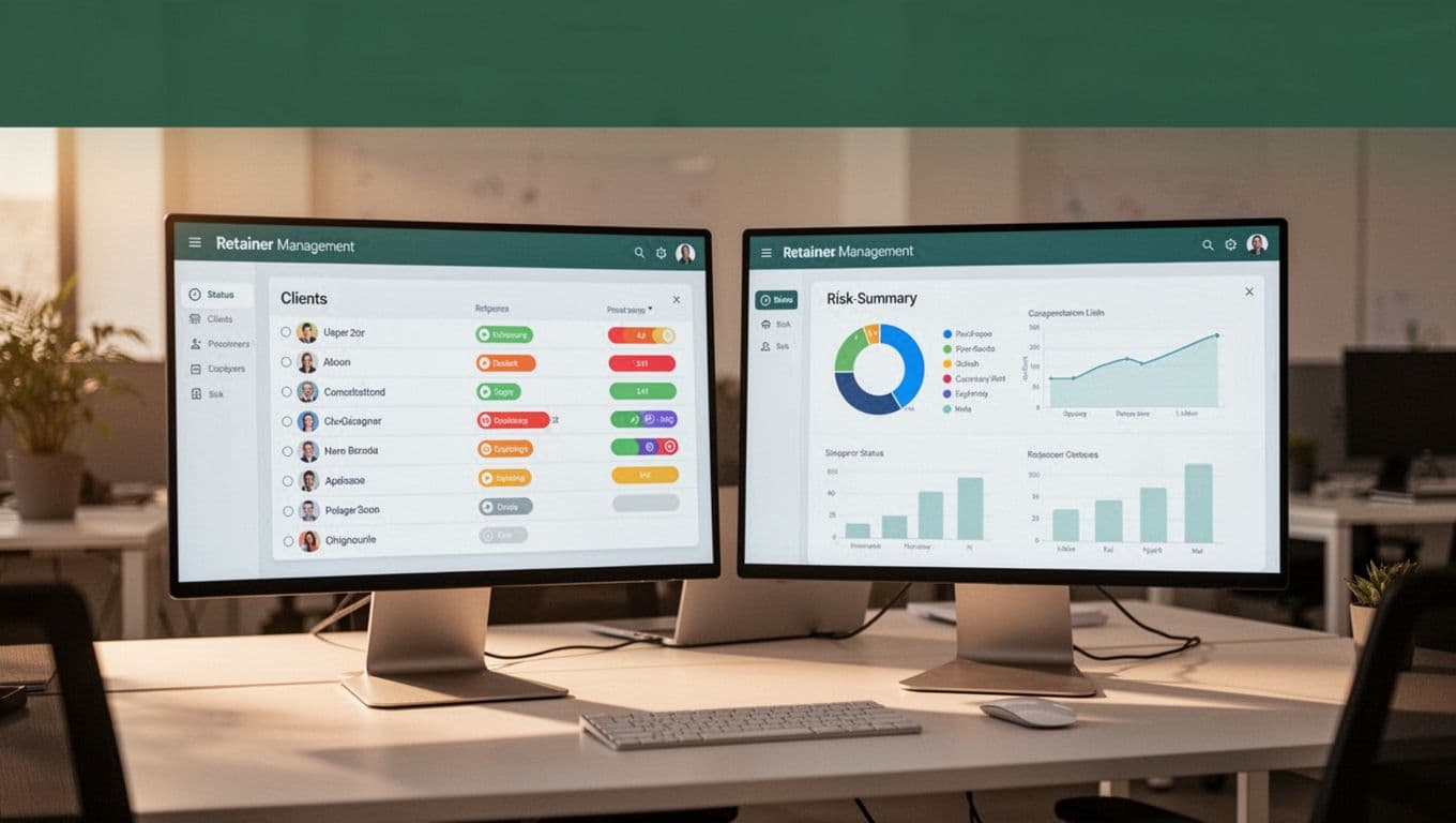 Dual monitor setup in an agency office displaying retainer management software interface with client list, renewal statuses, and revenue at risk summary. Bold 'Tracking Tools' headline in muted dark-green band at the top, warm lighting, blue-green tones.