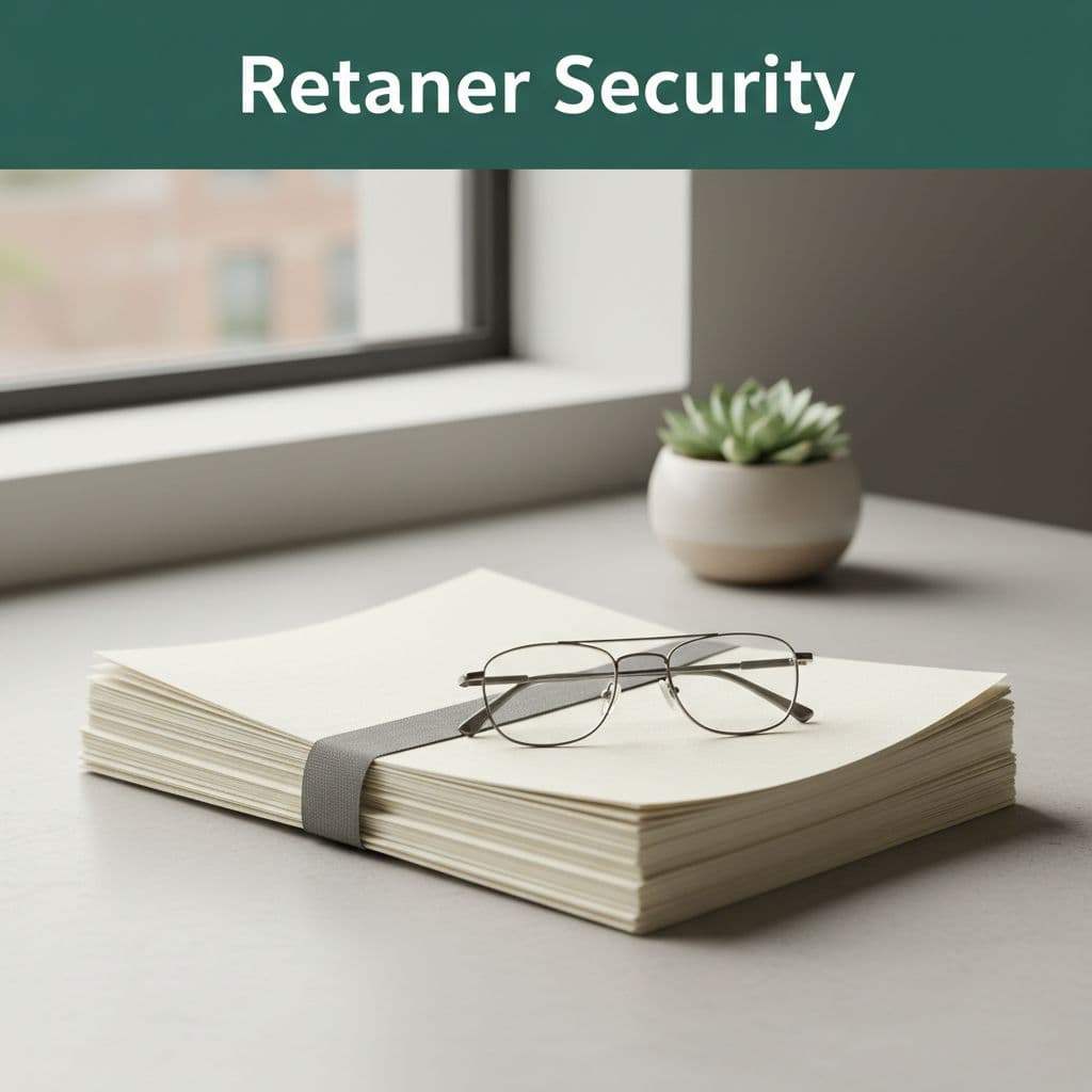 Stack of documents and reading glasses on desk with 'Retainer Security' in dark-green band at top.