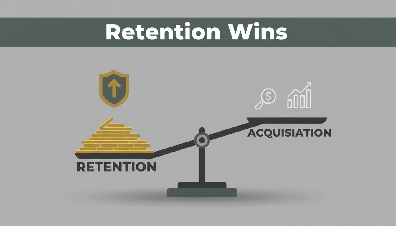 Scale tips toward retention side heavy with gold coins against sparse acquisition icons on gray background with dark-green top band and bold 'Retention Wins' headline.