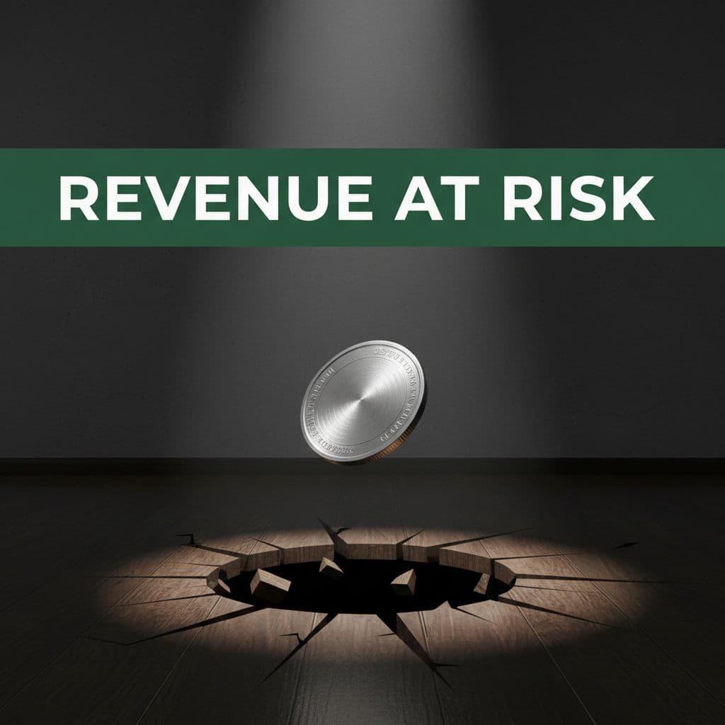 A single silver coin drops through a hole in a dark wooden floor against a minimalist studio backdrop.