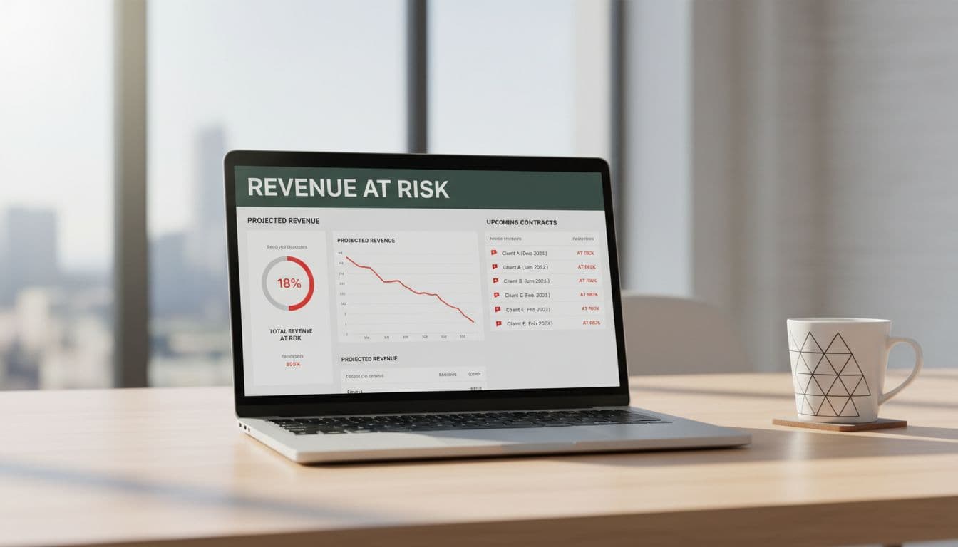 Laptop on clean desk displays agency dashboard with dark-green 'Revenue at Risk' header band and red warning flags for contract expirations; coffee mug nearby.