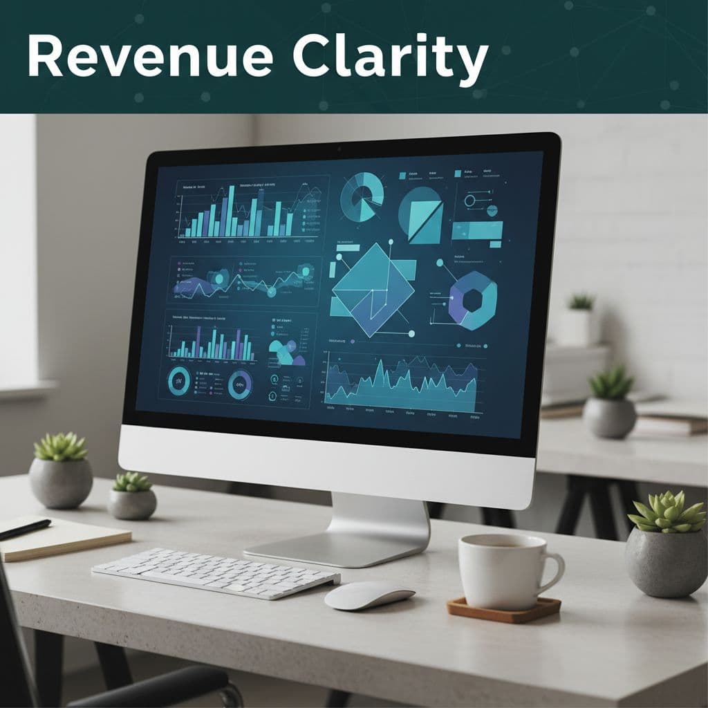 A clean office desk features a monitor displaying intricate financial data charts and a single coffee cup. A dark green header at the top contains the bold white text Revenue Clarity.