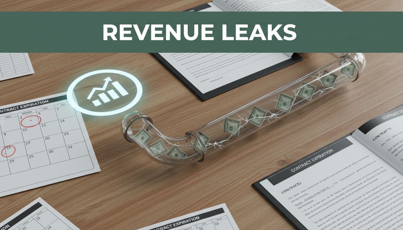 Dollar bills leak from cracks in a transparent revenue pipe connected to an agency dashboard icon on a wooden desk with scattered calendars and contracts.
