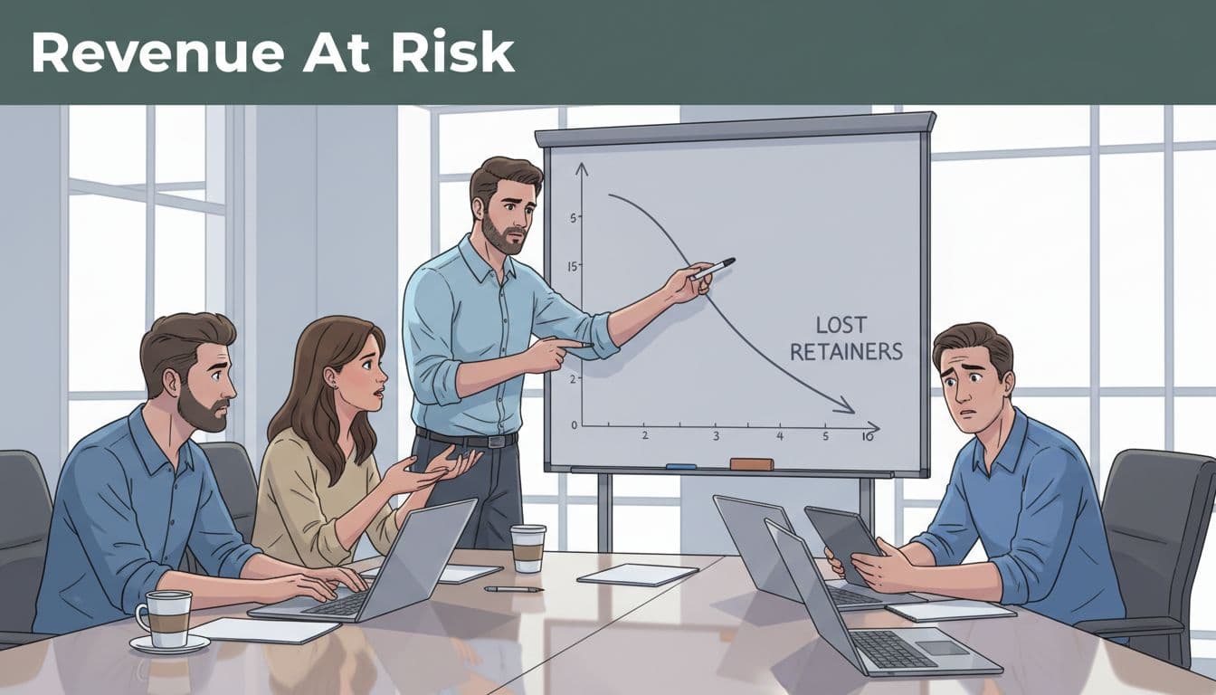 Three concerned team members point at whiteboard showing dipping revenue graph in bright meeting room, with laptops on table and top green 'Revenue At Risk' banner.