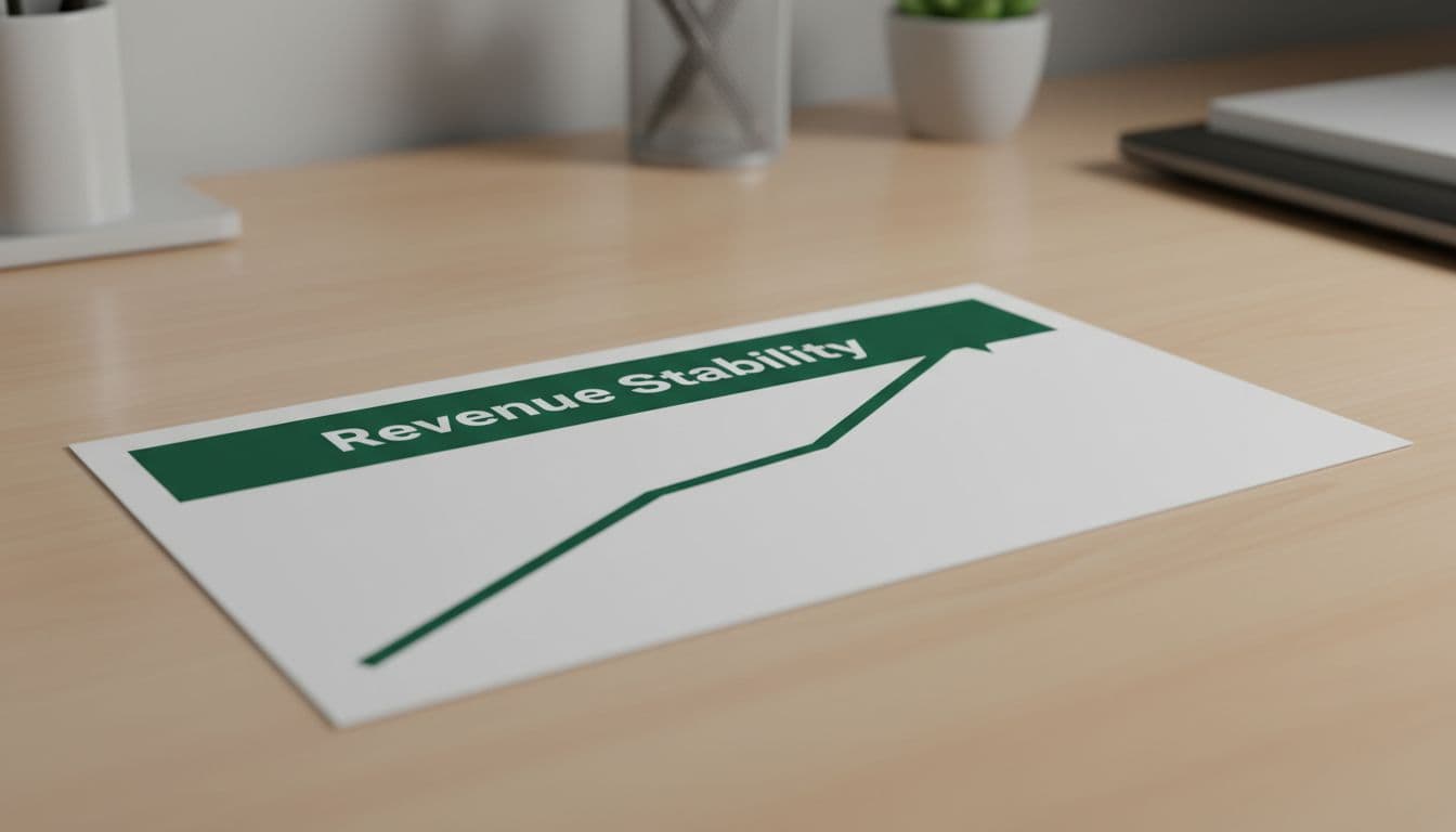 A minimalist chart showing an upward trend line beneath a dark green revenue stability header.