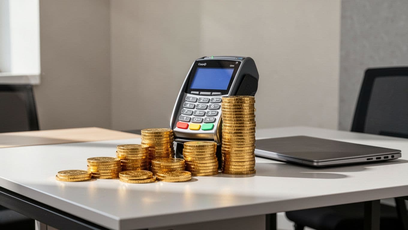 A growing stack of gold coins next to a Stripe payment terminal on a modern office desk visualizes rising fees from failed payment retries, with subtle red arrows and a top dark-green band featuring the bold headline 'Retry Costs'.