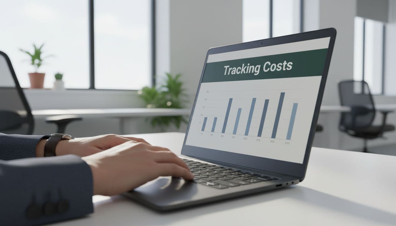 Hands rest on a sleek laptop keyboard as a blurred screen displays financial bar charts. A bold geometric header with the text Tracking Costs highlights the professional data analysis process.