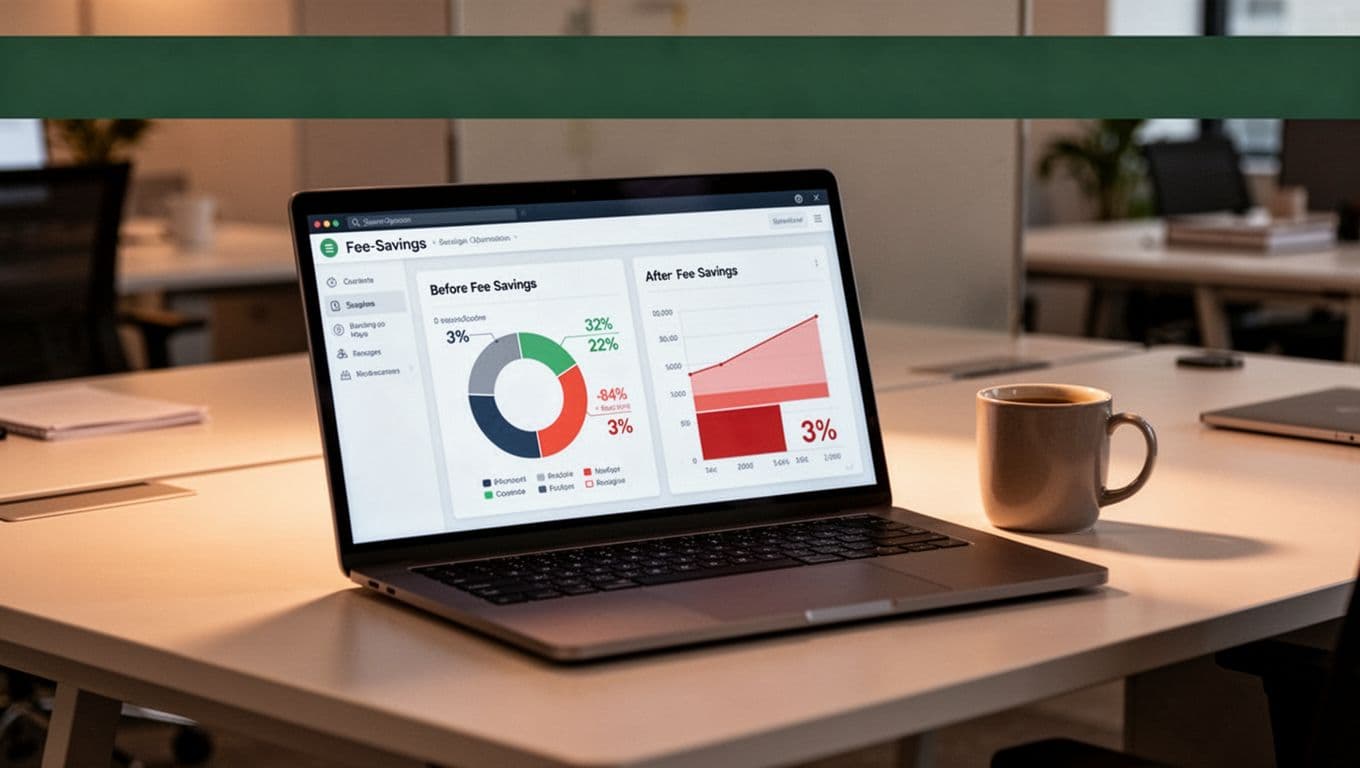 Laptop shows SaaS dashboard with before-and-after fee savings graphs, lower percentages after consolidation, coffee mug in modern workspace.