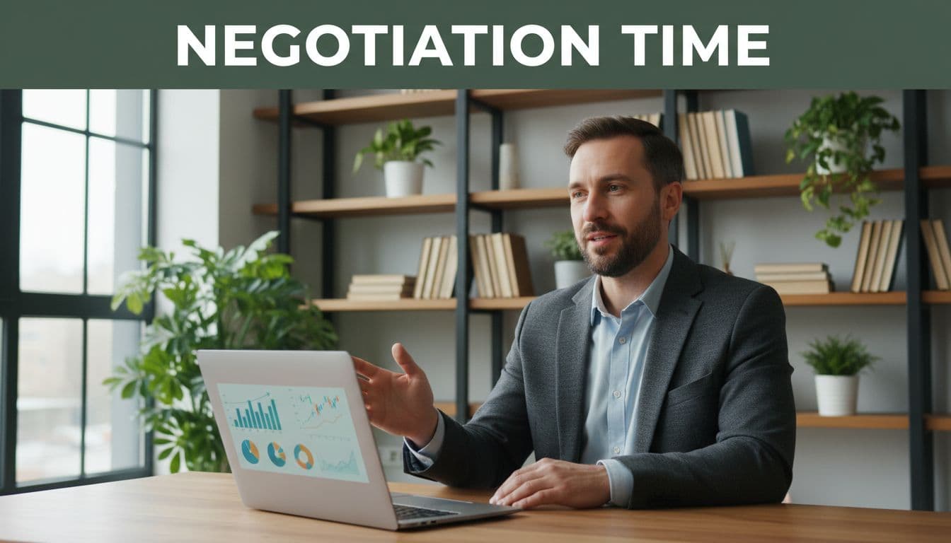 Confident SaaS executive in business casual on a video conference call from a modern home office with plants and bookshelves, gesturing relaxedly at a laptop showing charts. Muted dark-green top banner displays 'Negotiation Time' in bold white geometric sans-serif text.