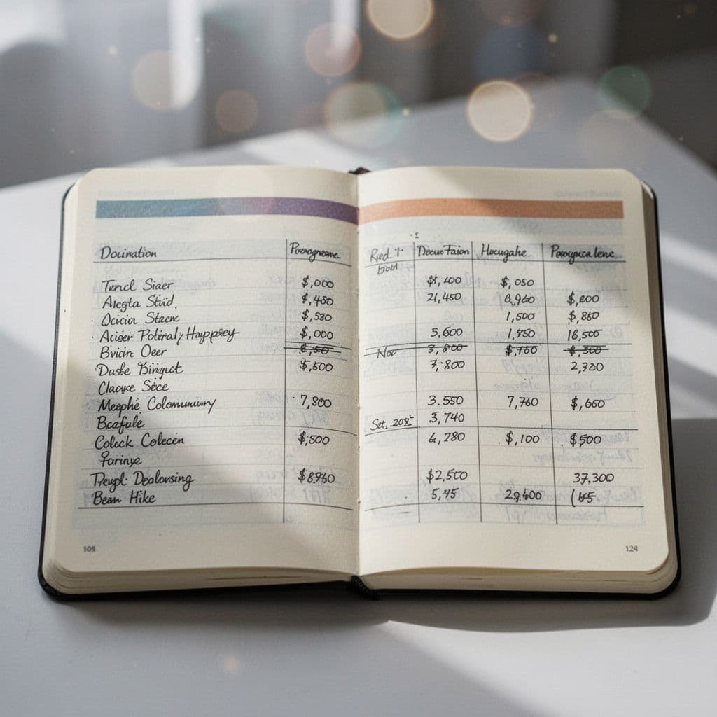 A close-up of a physical notebook displaying structured financial rows labeled with a Fee Analysis headline.