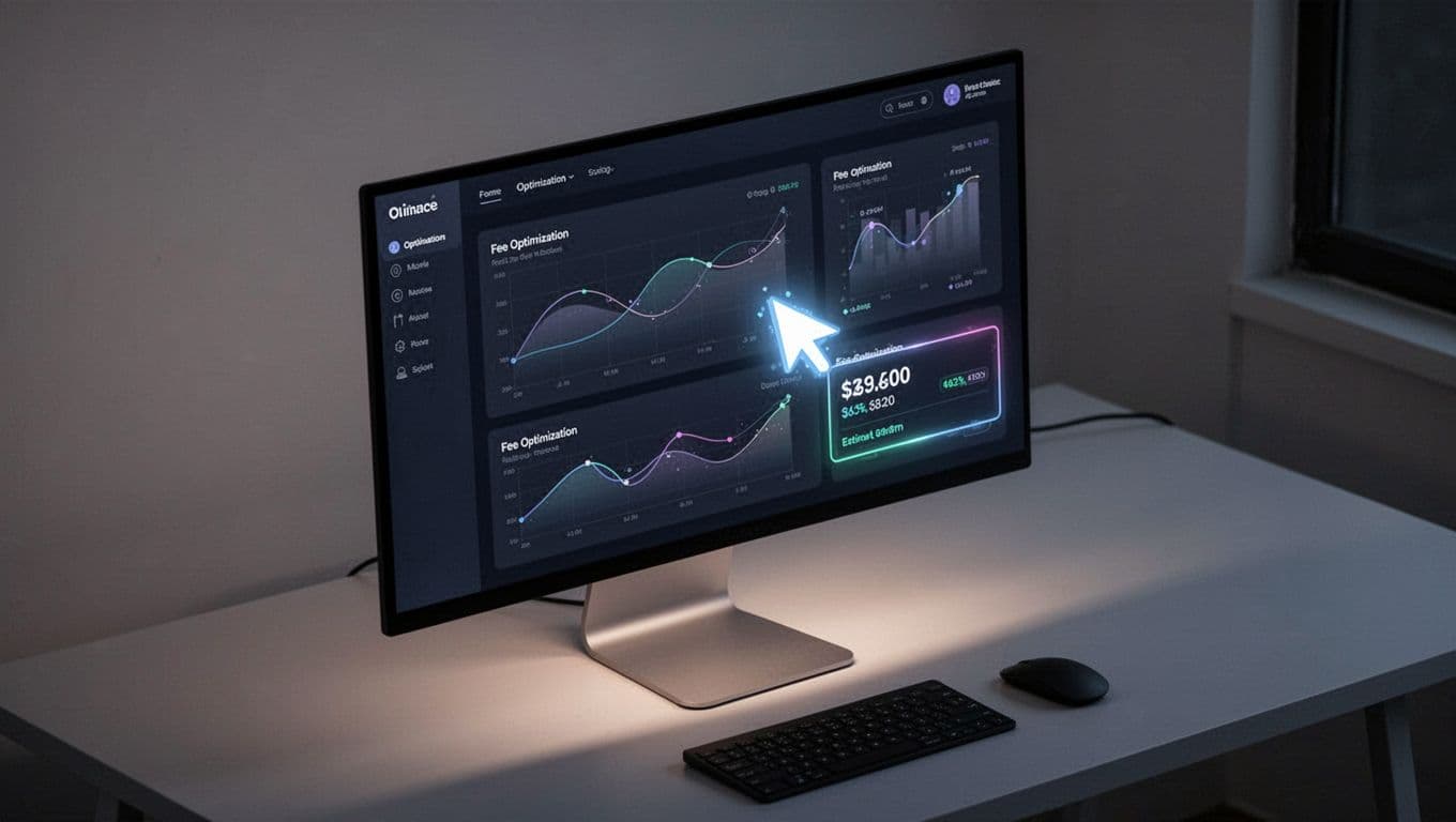 Isometric view of dark mode SaaS dashboard on desk with cursor over highlighted savings estimates.