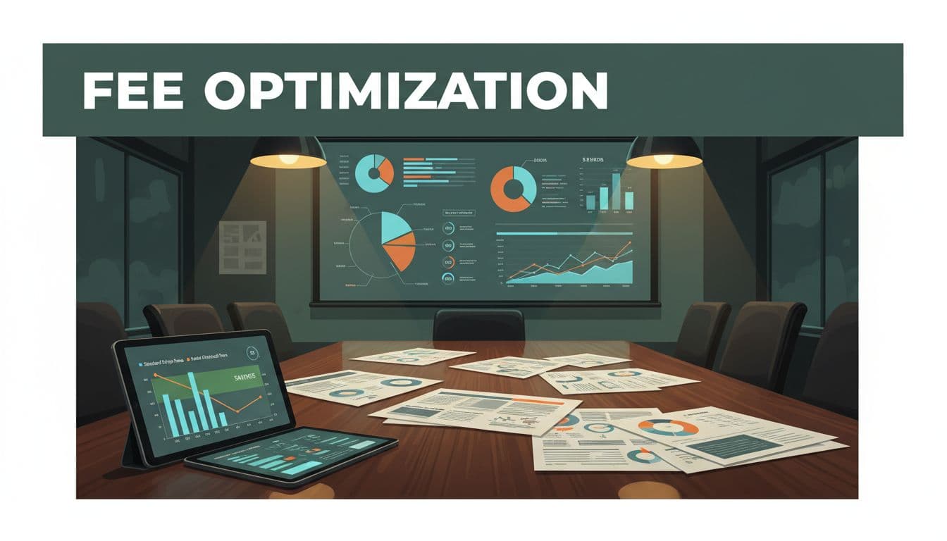Illustration of a conference room table with papers and a single tablet displaying charts comparing standard Stripe fees versus Radar-enhanced fees, graphs showing savings from optimization, in a professional atmosphere with warm overhead lighting and a bold 'Fee Optimization' headline on a dark-green band.