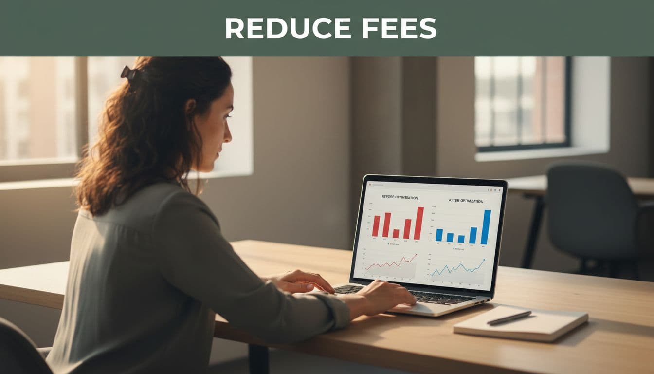 SaaS finance lead seated at a modern office desk, reviewing a laptop dashboard with charts comparing Stripe fees before and after optimization. Warm natural lighting highlights the focused composition with notepad nearby and a muted dark-green band at the top reading 'Reduce Fees'.