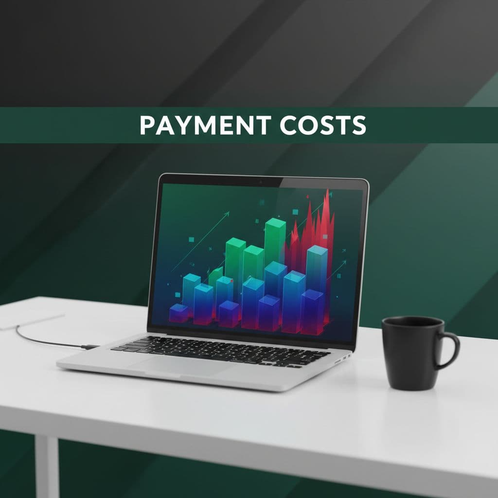 A high-contrast desk setup features an open laptop and a steaming coffee cup set against a dark green band displaying white text regarding payment costs in a clean editorial style.