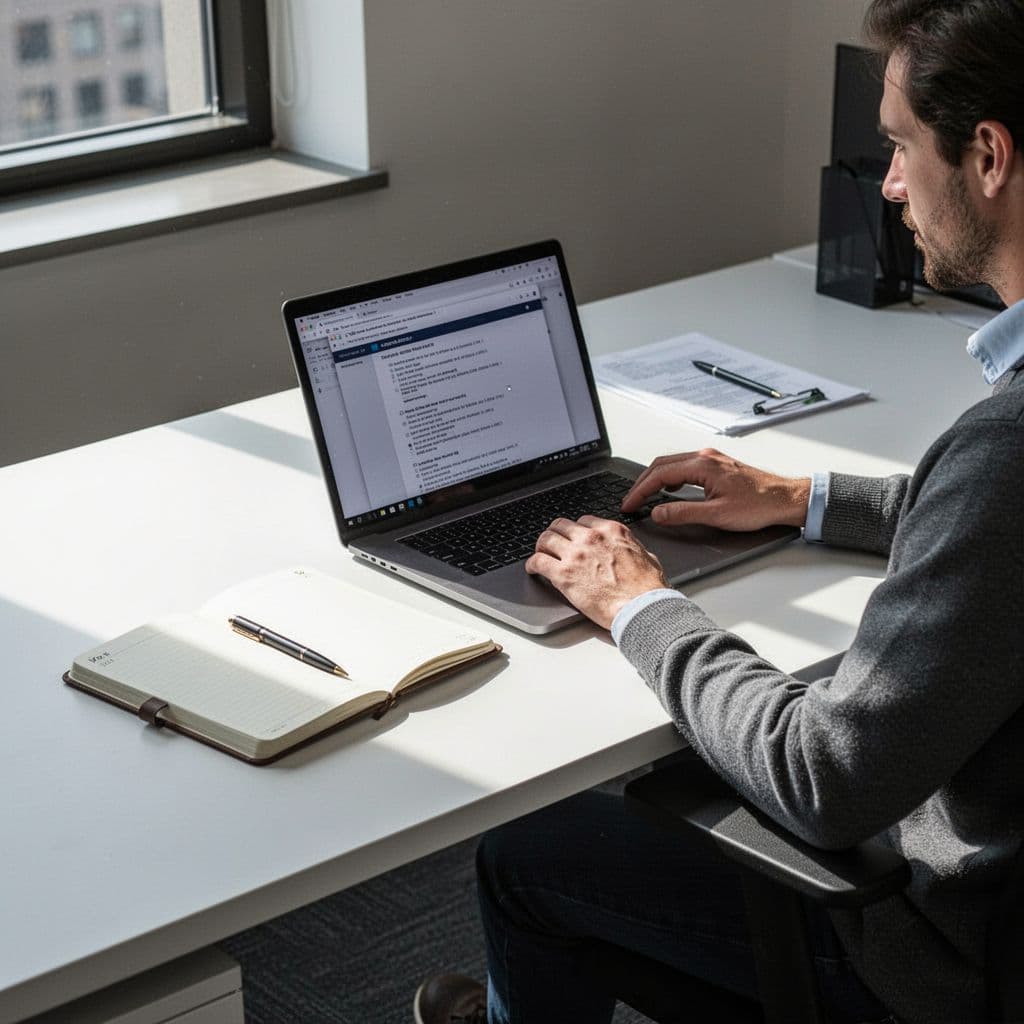 A clean office workspace features a laptop and notebook beneath a dark green cost-reduction header.