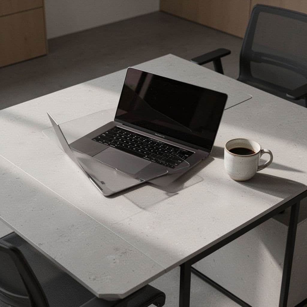 A top-down view of a minimalist desk features a laptop displaying financial data next to a coffee mug. A bold geometric header at the top identifies the workspace as payment analysis.