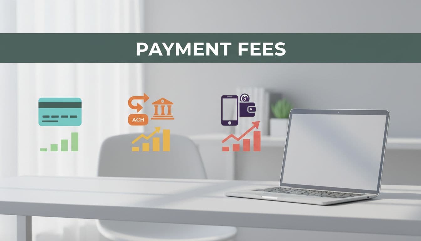 Illustrative graphic of credit card, ACH bank transfer, and digital wallet icons arranged in a row with subtle bar charts showing relative fees, set on a clean modern office desk with a laptop. Features a bold 'Payment Fees' headline in a muted dark-green band.