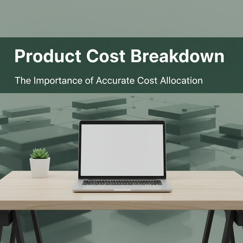 A minimalist laptop desk setup featuring abstract data graphics and bold text on a green background.