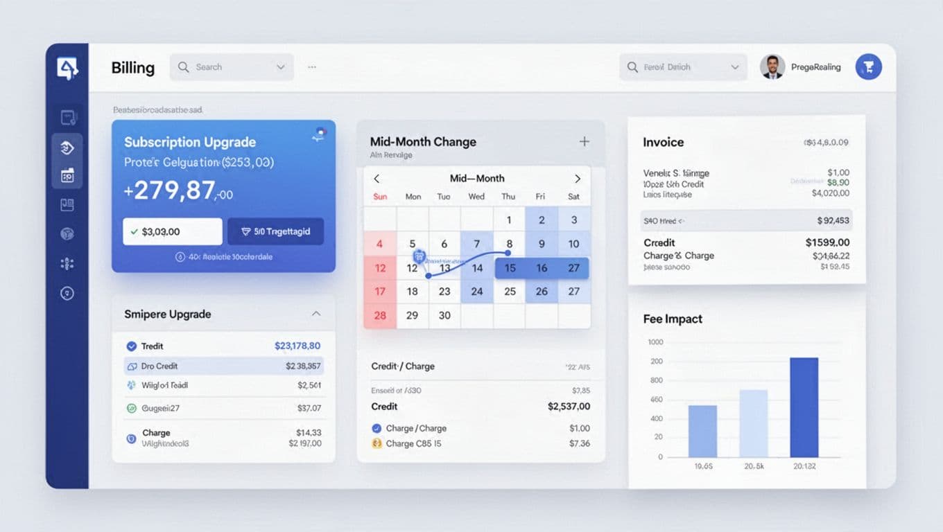 SaaS billing dashboard displays subscription upgrade proration with mid-month calendar highlight, invoice preview line items, and fee impact bar chart under green 'Proration Basics' header.