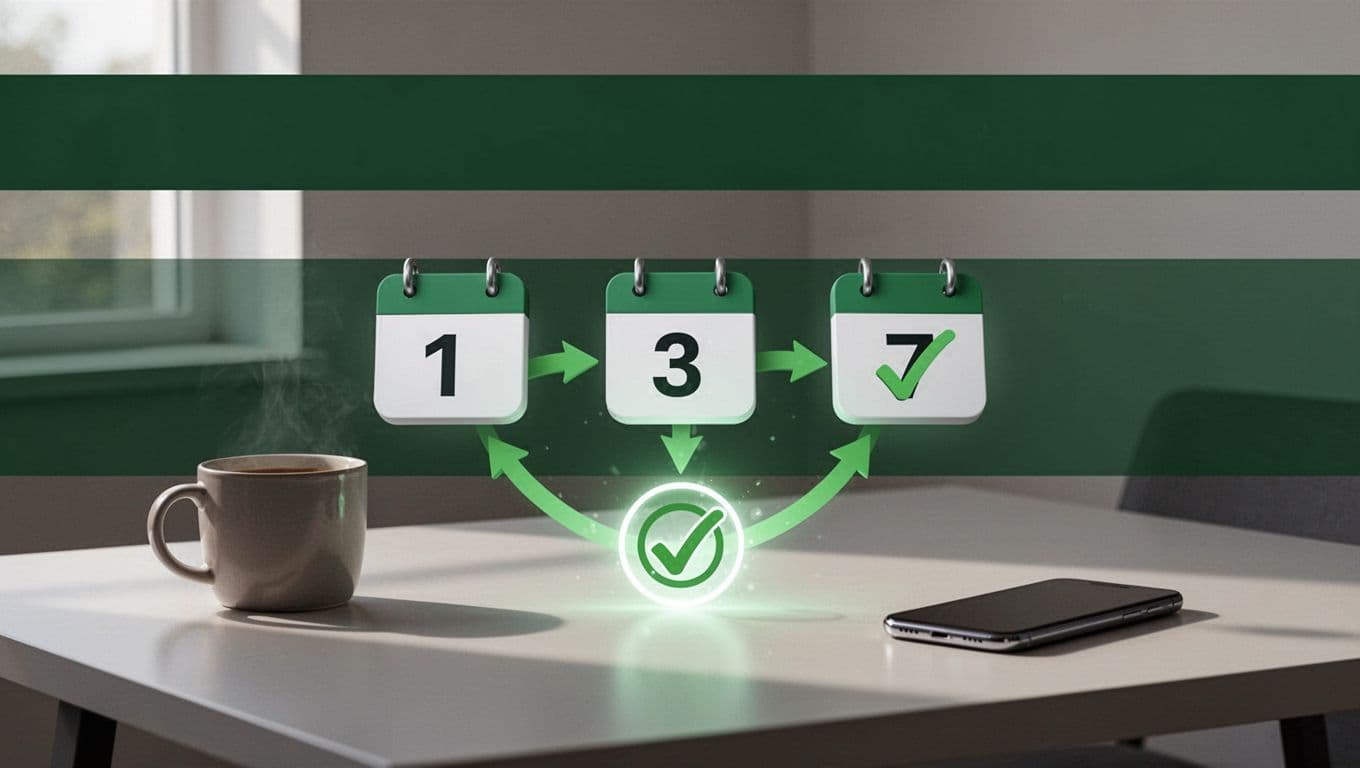Illustration of a smart payment retry cycle for SaaS, featuring calendar icons for days 1, 3, 7 with checkmarks connected by green arrows to a successful payment icon, set on a minimalist desk with coffee mug and phone in soft natural lighting.