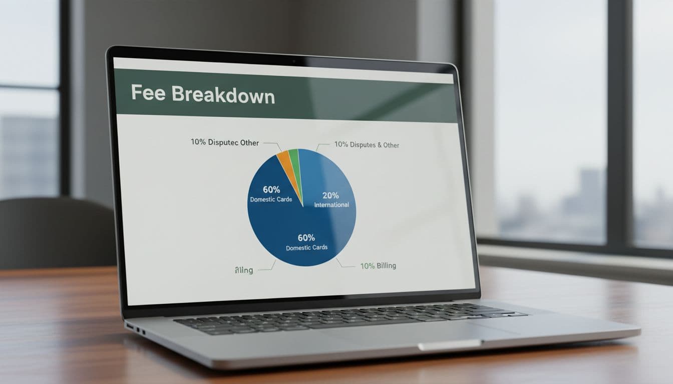 Professional dashboard screen displaying a pie chart of Stripe fee breakdown for SaaS: 60% domestic cards, 20% international, 10% billing, 10% disputes and other, set on a sleek wooden desk in a bright office.