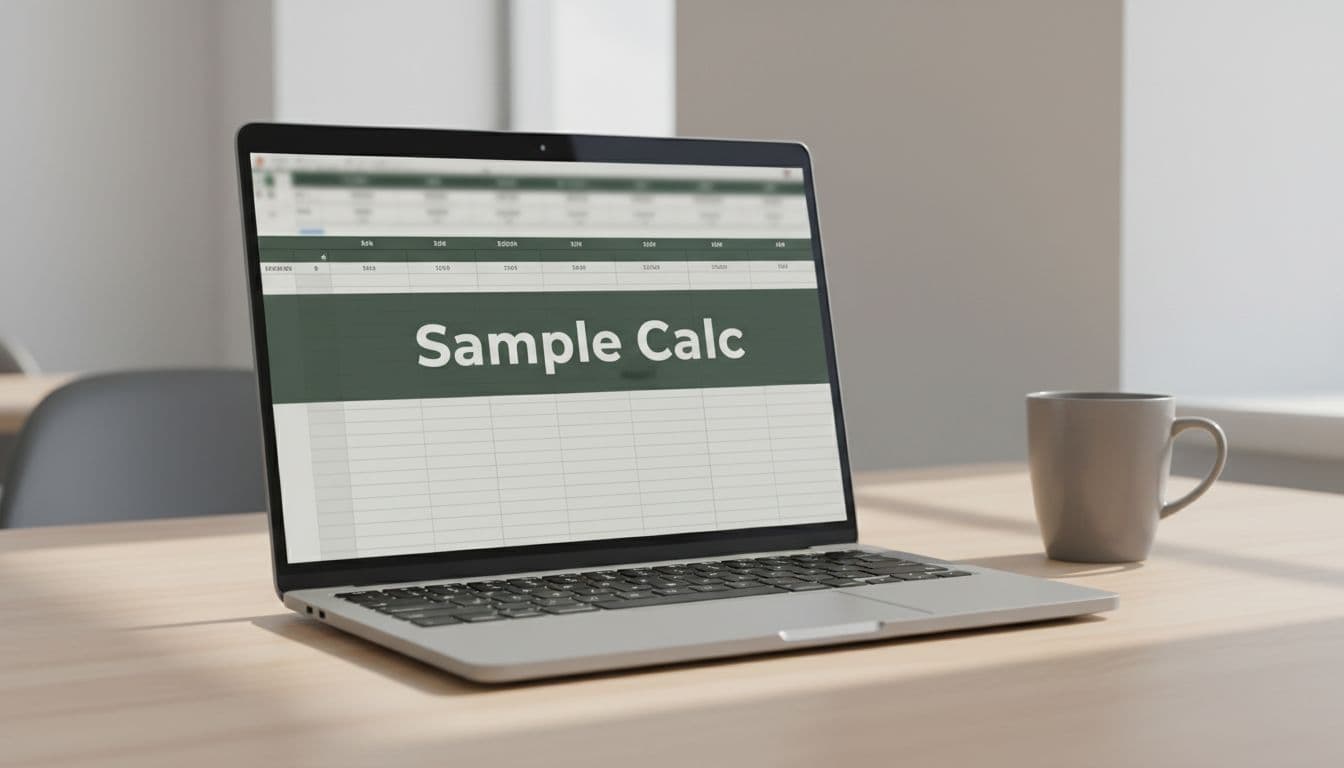 Spreadsheet table displayed on a laptop screen at a slight angle on a modern desk with a nearby coffee mug, in bright office daylight lighting and neutral tones.