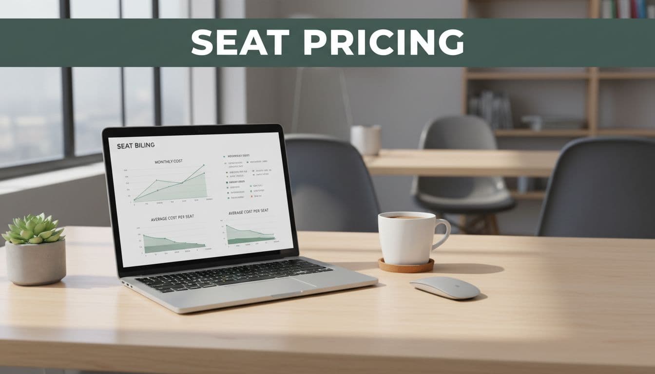 Clean modern office desk with open laptop displaying seat-based SaaS billing dashboard and pricing charts, coffee mug nearby, natural daylight, bold 'Seat Pricing' headline on muted dark-green band.