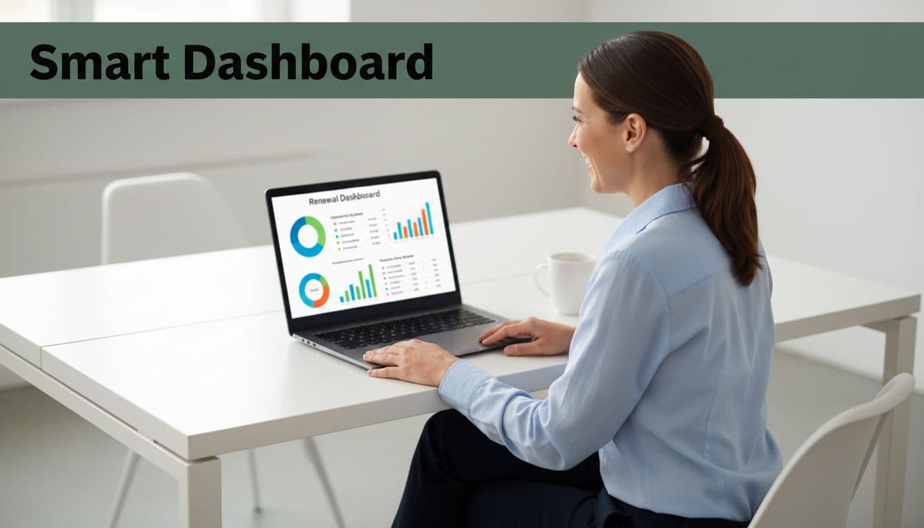 Woman in business casual views colorful renewal dashboard charts on laptop screen below dark-green Smart Dashboard header band.