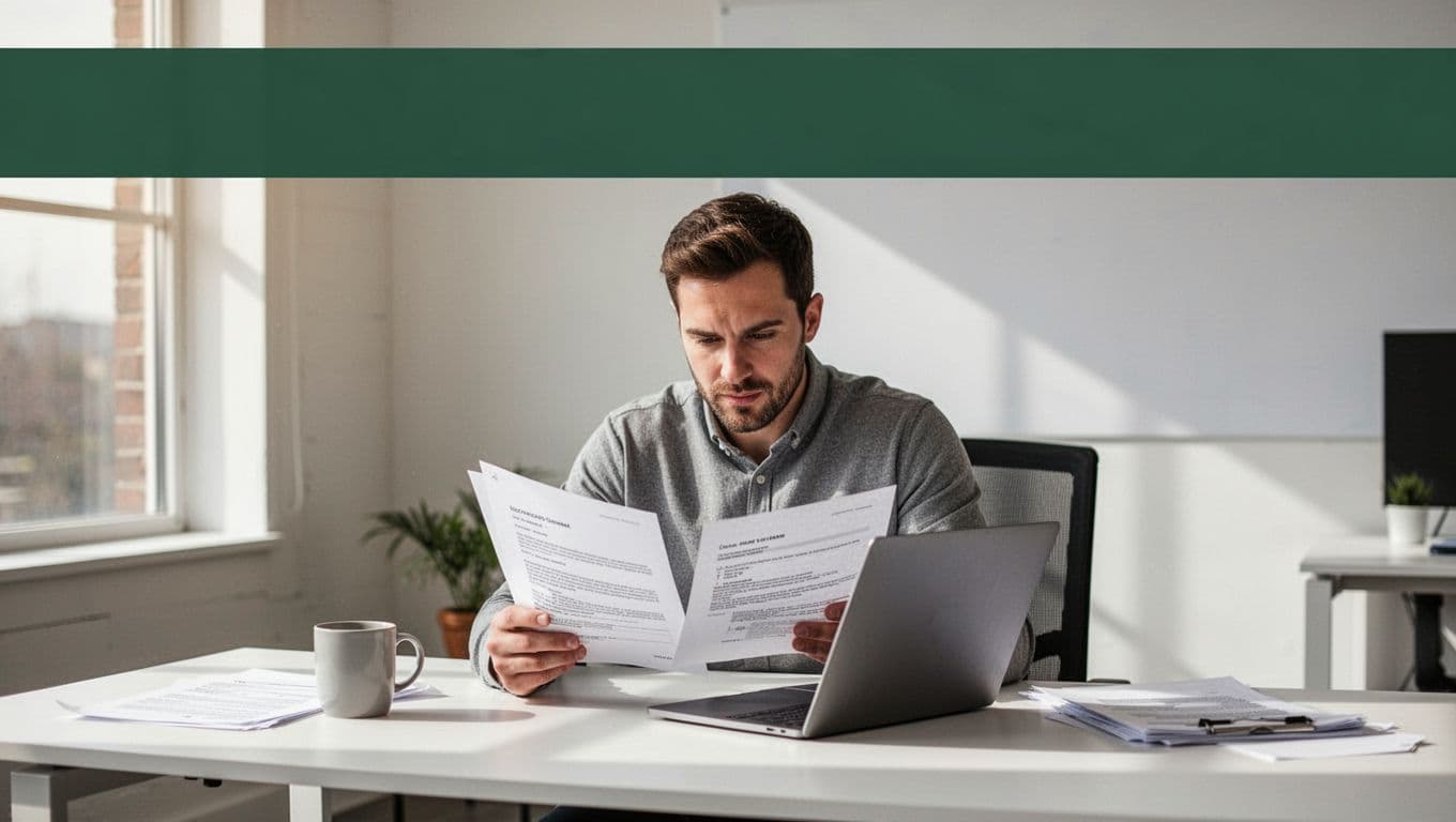 Focused marketing agency account manager at a modern office desk reviews client contracts on an angled laptop screen with a nearby coffee mug and natural daylight, featuring a bold 'Spot Churn Early' headline on a dark-green band.