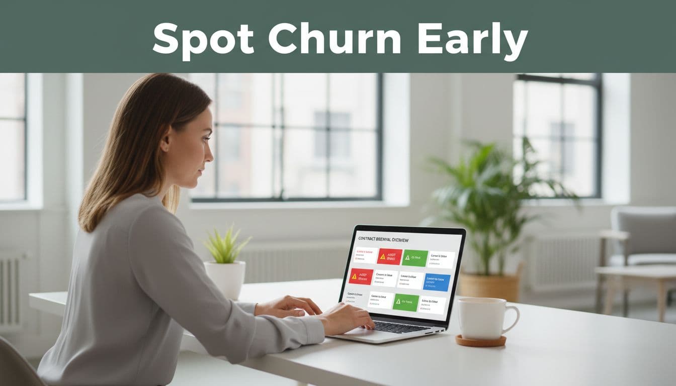 Agency professional at desk views laptop dashboard with contract renewal alerts and 'Spot Churn Early' green banner.