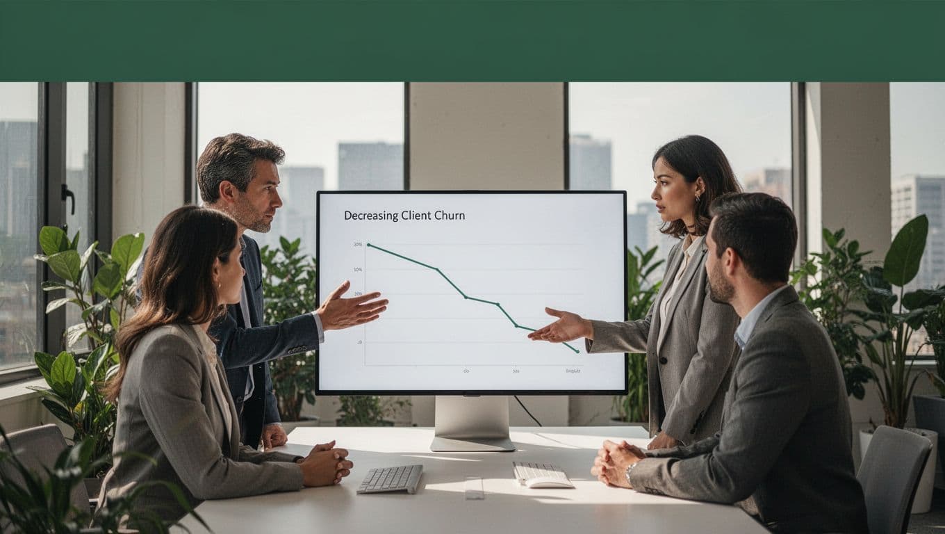 Three agency professionals in a modern open office with large windows and plants gather around a monitor showing a line chart of dropping client churn rate, with one pointing to the screen. A bold 'Spot Churn' headline in a muted dark-green band at the top.