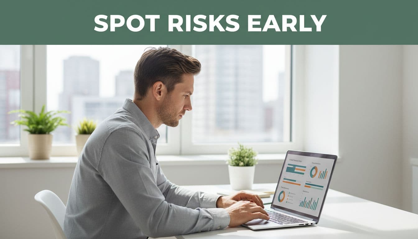 A focused marketing agency professional sits at a modern desk in a bright office, reviewing a laptop dashboard displaying contract renewal dates and risk indicators with charts. Bold headline 'Spot Risks Early' appears on a muted dark-green band at the top in clean sans-serif typography.