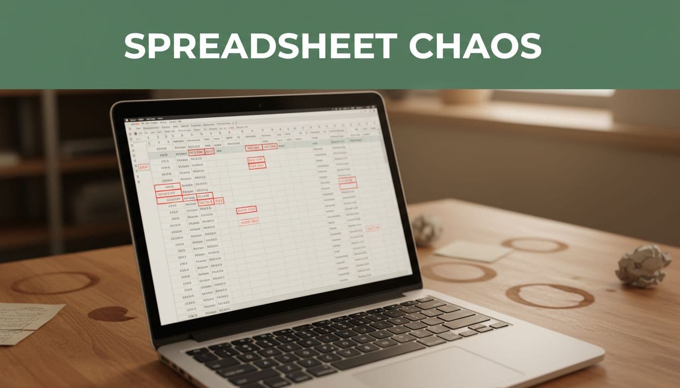 Laptop screen displays cluttered Excel spreadsheet with scattered red contract dates below muted dark-green 'Spreadsheet Chaos' header band; coffee stains on desk.