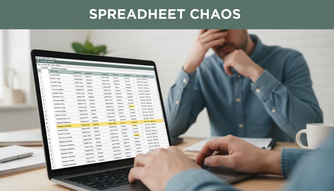 Laptop screen displays spreadsheet with yellow-highlighted client name and date errors on desk, hands hover nearby, frustrated person rubs eyes in background, top dark-green banner reads 'Spreadsheet Chaos'.