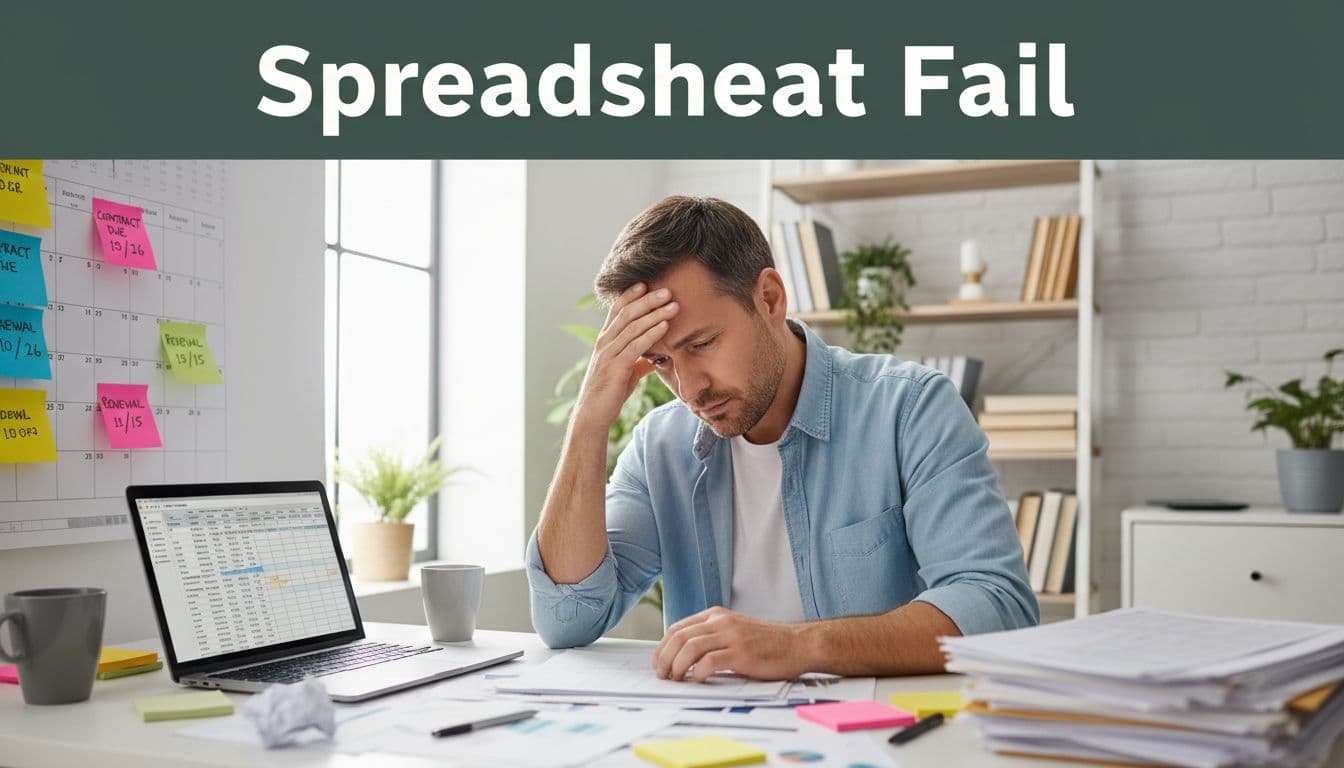Frustrated mid-30s man at cluttered home office desk with spreadsheets, sticky notes, Excel laptop, under dark-green 'Spreadsheet Fail' band.